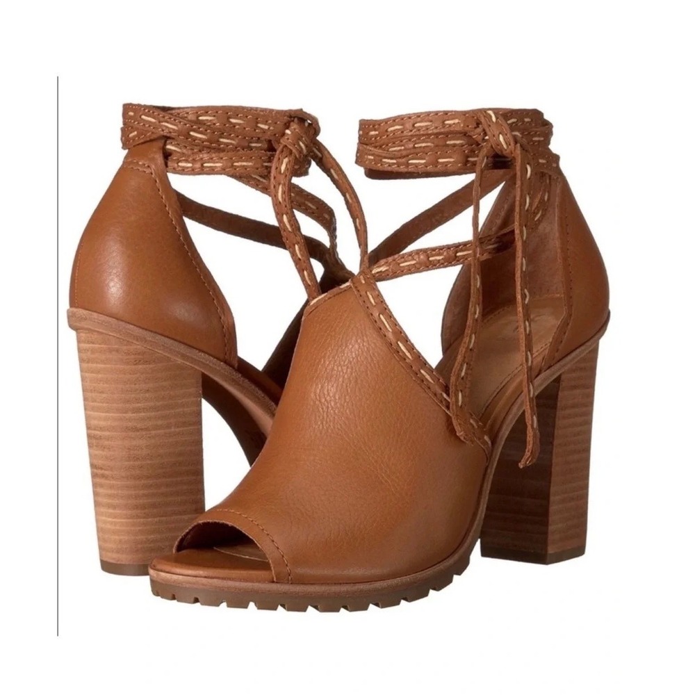 Frye Cognac Brown Leather Pickstitch Lug Heel Lace Up Sandals 7.5M 3473699-WHS
